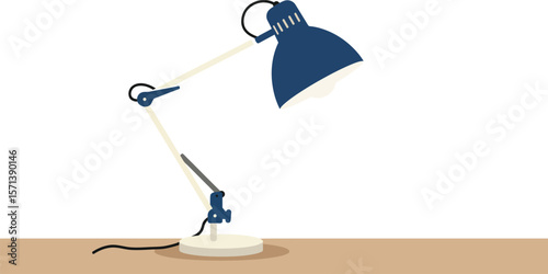 Adjustable desk lamp with blue shade and white base on wooden surface for office lighting