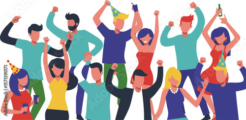 Group of diverse people celebrating with party hats and drinks in lively festive atmosphere