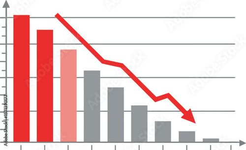 Red and gray declining bar chart with downward trend arrow showing decrease in data analysis and statistics