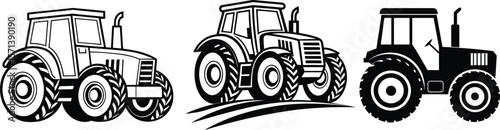 Set of Stylized Tractor Vector Illustrations in Black. Tractor Silhouette Vector Set for Farming and Agriculture. 