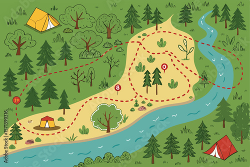 Vector map illustration of camping area, trails, tents, fire pits, trees, lake, mountains, hiking, nature, wilderness.