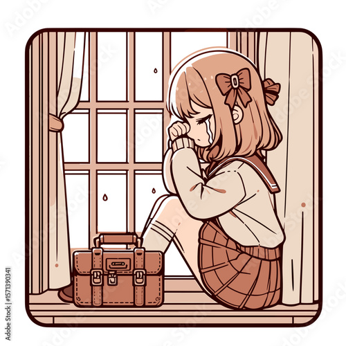 Young girl sitting by the window with a sad expression and bag  