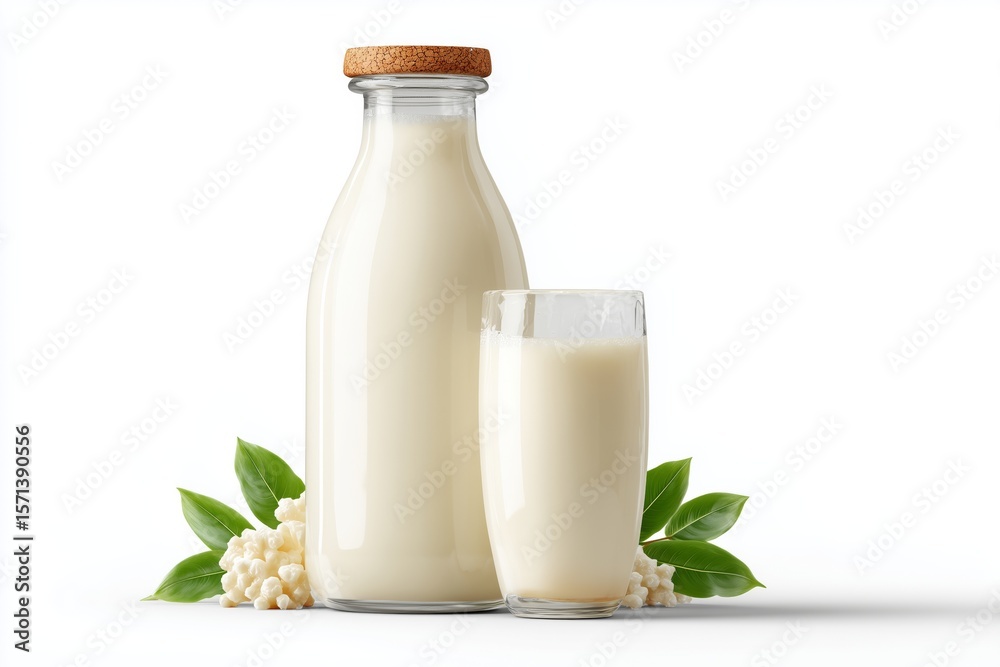 Kefir drink in a glass bottle and glass on a white background with fresh kefir grains and green leaves Kefir drink in a glass bottle and glass on a white background with fresh kefir grains and green leaves