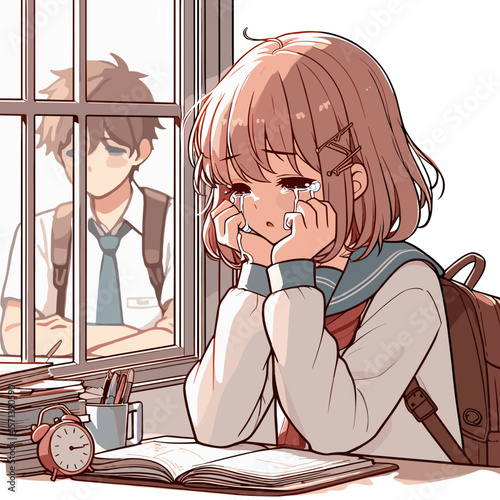 Sad schoolgirl crying while studying at desk with boy outside window  