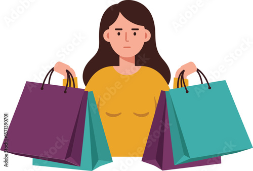 Woman holding multiple shopping bags in purple teal colors with serious expression lifestyle concept