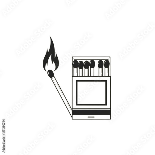 A lit matchstick burns next to an open matchbox filled with unlit matches, all in a minimalist, outlined style.