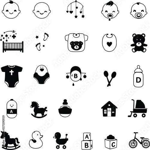 Baby Care Icons Collection Featuring 25 Black Silhouettes of Essentials, Toys, and Clothing in Grid Layout for Parenting and Nursery-Themed Design
