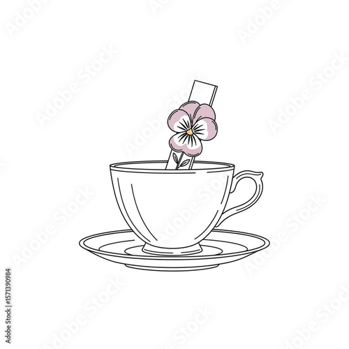 Simple line drawing of a teacup and saucer with a flower and a stick.