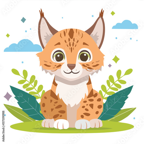 Cute lynx kitten flat vector