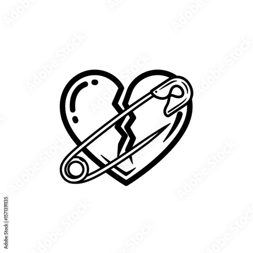 A broken heart mended with a safety pin, a graphic illustration of heartbreak and repair.