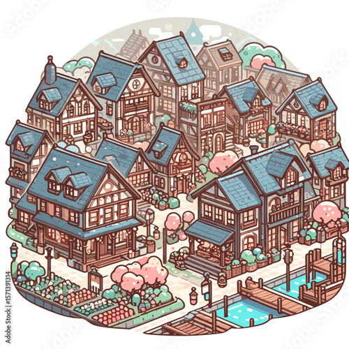 Charming village scene with cozy houses and blossoming trees  