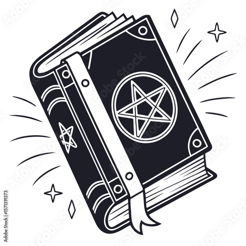 Illustration of a black spellbook with a white pentagram, ribbon, and stars on a white background design