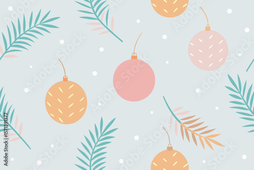 Fir Branch And Ornament Seamless Pattern In Soft Colors