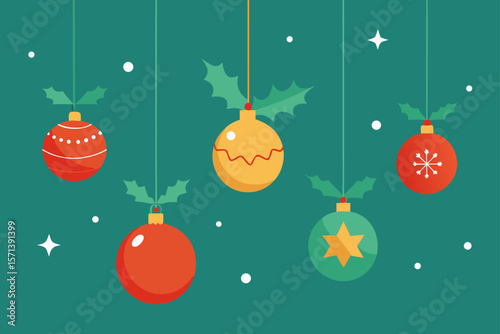 Festive Background With Hanging Baubles Ribbons And Lights