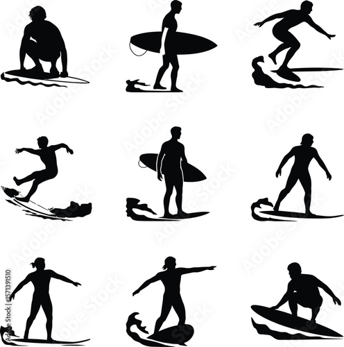 Vector illustration featuring a grid of nine black silhouettes of surfers in dynamic poses, each capturing a unique moment of surfing action — including paddling, standing, carving, balancing, 