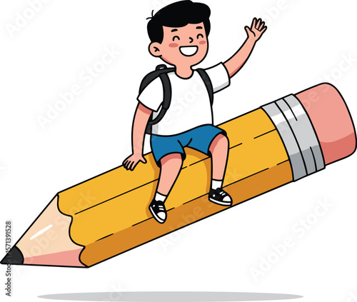 Back to School Cartoon Illustration of a Young Boy Riding a Giant Pencil in a Playful Environment - Vector EPS Design for Educational Themes