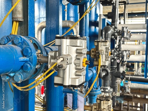 industrial equipment in a factory. Industrial reverse osmosis filtration system with stainless steel piping and control valves, used for water treatment in manufacturing.