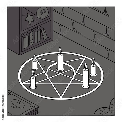 A mystical pentagram ritual with five lit candles and a spellbook on a table next to a bookshelf filled with occult items and books