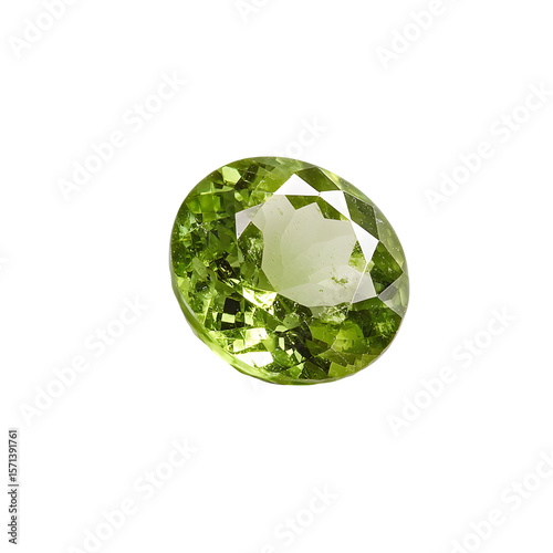 A photograph showcasing a mesmerizing peridot gemstone in a vibrant lime green hue isolated against a pure white background
