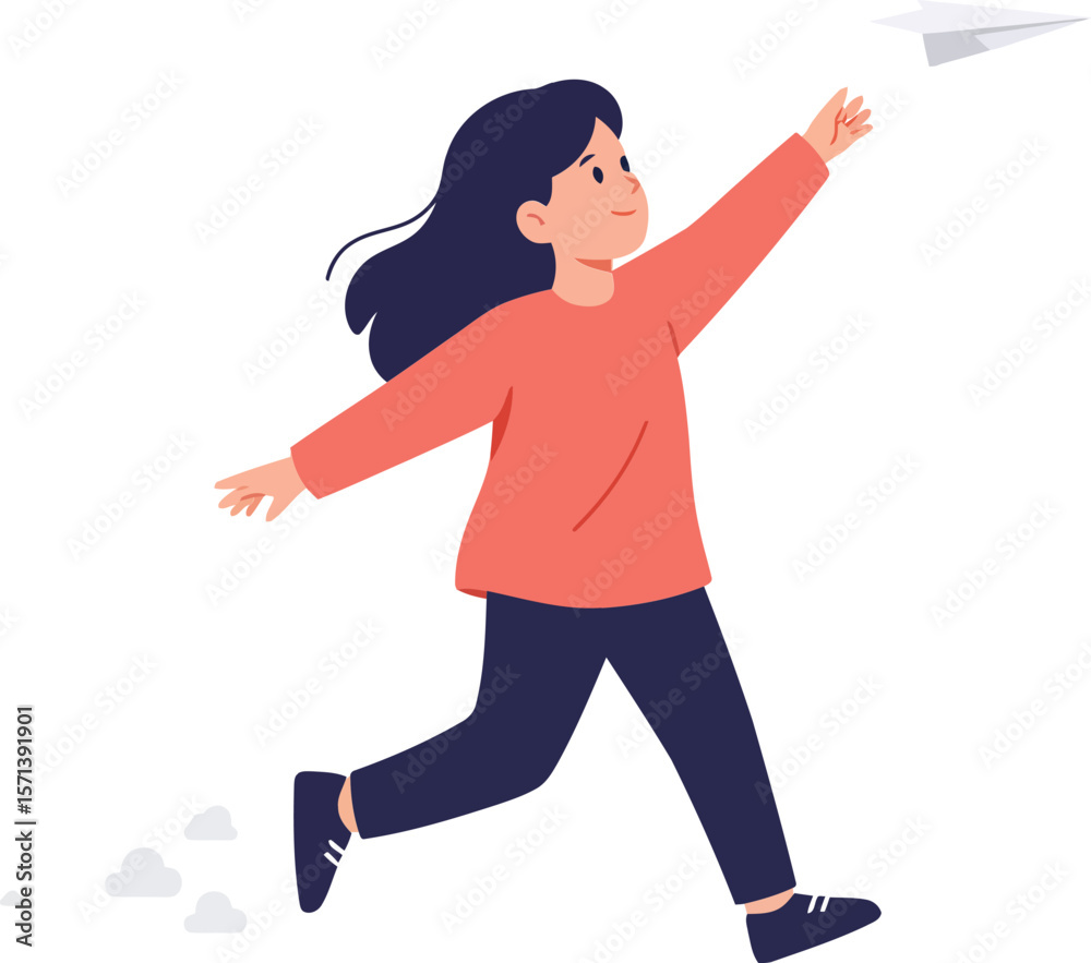 Child throwing paper airplane outdoors in casual clothes enjoying playful activity Child throwing paper airplane outdoors in casual clothes enjoying playful activity