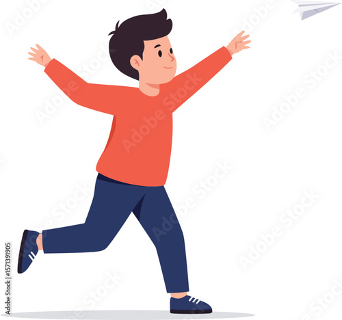 Boy in red shirt playing with paper airplane running happily in white background digital illustration
