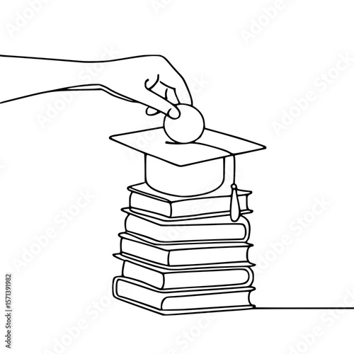 One Line Drawing  Hand Investing in Education with Graduation Cap and Books
