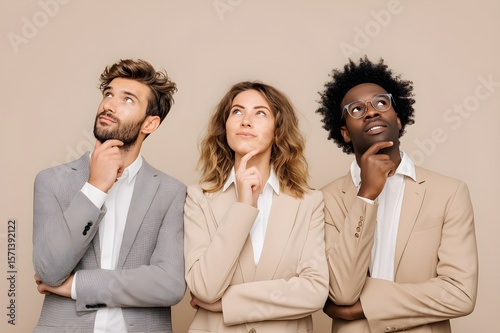 Three professionals in thinking pose with text area, Generative AI