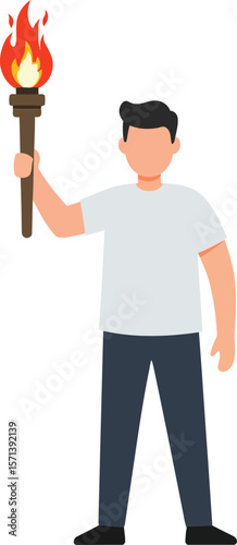 Man holding flaming torch standing in white shirt and dark pants simple vector illustration