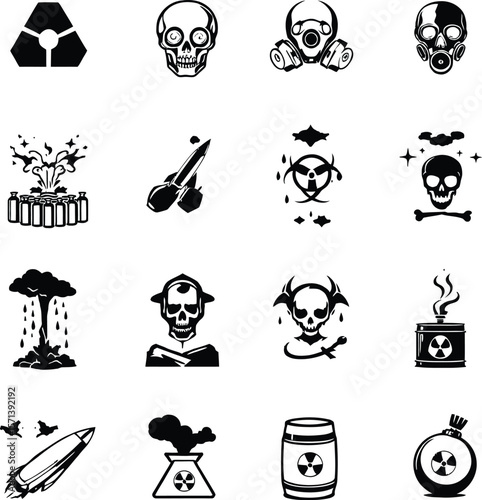 Vector illustration featuring a grid of 20 black and white icons symbolizing danger, toxicity, and hazardous materials — including radiation signs, skulls with gas masks and respirators, explosions, m