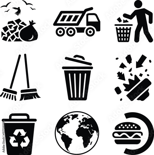 Vector illustration featuring nine waste management and environmental conservation icons arranged in a 3x3 grid, including a trash pile with birds, a dump truck, a person disposing trash, crossed broo