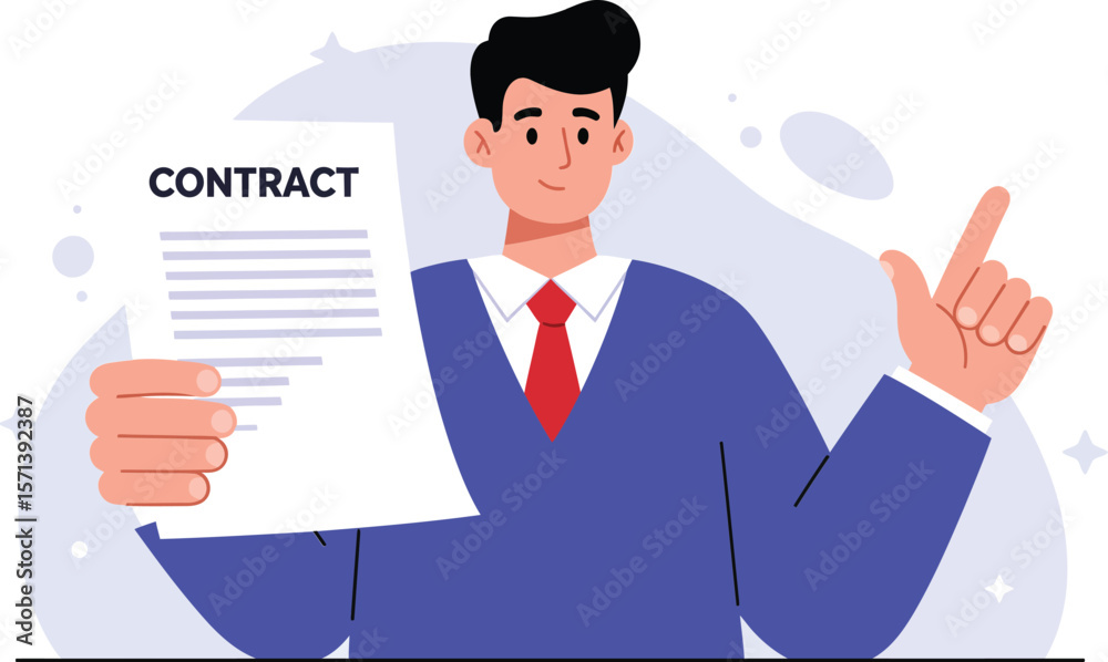 Businessman holding contract and showing approval gesture in professional blue suit with red tie Businessman holding contract and showing approval gesture in professional blue suit with red tie