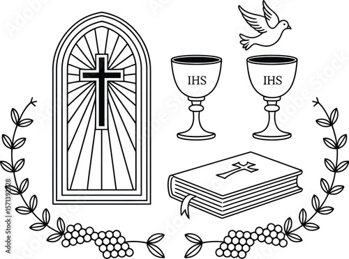 Vector illustration featuring symbolic Christian elements arranged in a unified composition, including a central stained glass window with a cross, two chalices inscribed with “IHS,” a dove representi