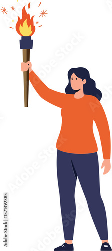 Woman holding flaming torch symbolizing freedom and empowerment in minimalist style illustration