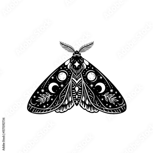 Celestial Moth: Intricate black and white illustration of a moth adorned with moon phases and stars.