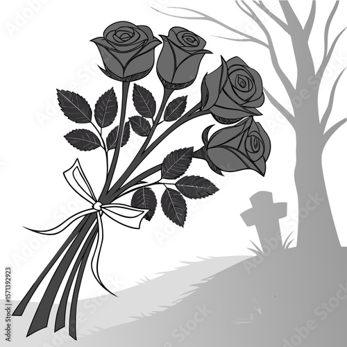 Illustration of a bouquet of roses tied with a ribbon near a tree and a grave marker in grayscale