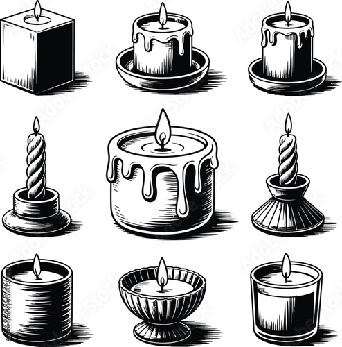 Vector illustration featuring a collection of nine uniquely designed lit candles arranged in a 3x3 grid, each rendered in black and white with intricate shading and texture — showcasing a variety 