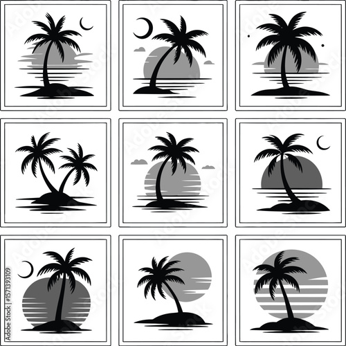 Vector illustration featuring a grid of nine tropical landscape icons, each depicting serene scenes with palm trees, celestial bodies, and water reflections — rendered in monochromatic tones of black,