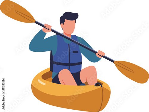 Man paddling orange kayak with blue life jacket isolated on white background vector illustration