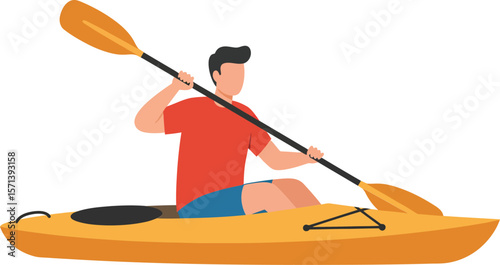 Man kayaking in orange kayak wearing red shirt and blue shorts on calm water outdoor activity