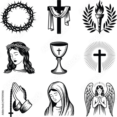 Vector illustration featuring nine Christian religious icons arranged in a 3x3 grid, including the Crown of Thorns, Cross with draped cloth, Torch with laurel leaves, Chalice with cross, radiant Cross