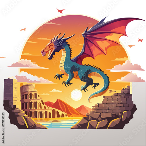 Firefly A fire-breathing dragon flying above ancient ruins, sunset background, dramatic lighting, fa