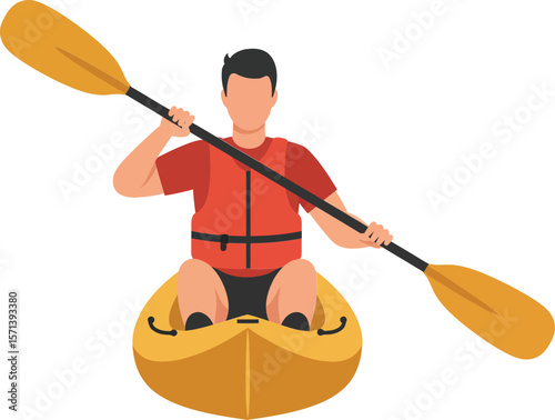 Man paddling yellow kayak with orange oars wearing red life jacket outdoor water activity