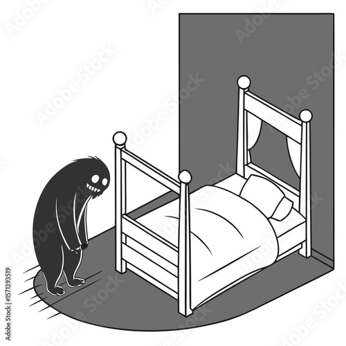 A shadowy monster stands near a four poster bed in a grey room with a dark corner and white bedding item