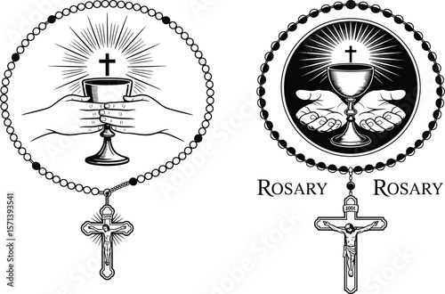 Rosary & Chalice Faith Doodle Featuring Sacred Hands, IHS Cross, and Radiant Light in a Monochrome Layout