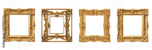 A Collection of Four Ornate Gold Picture Frames in Various Baroque Styles Showcasing Intricate Detailing and Luxurious Embellishments.