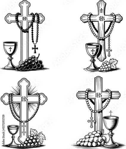 Monochrome Eucharist Icon Set Featuring IHS Crosses, Chalices, Rosary Beads, and Grapes Arranged in Stylized Variations