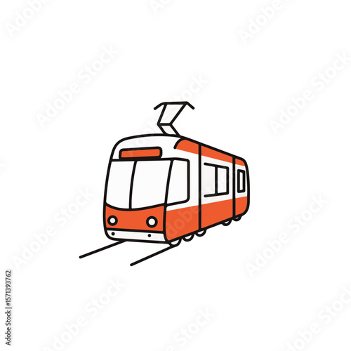Orange and white tram illustration traveling on the railway track.