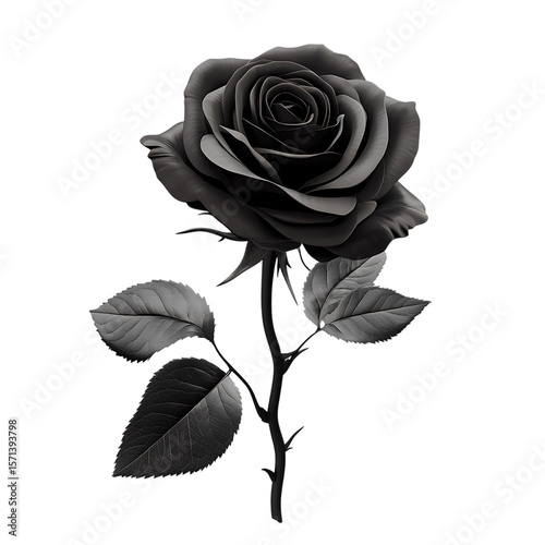 Black rose flower on white background. Isolated 3d render of elegant gothic open rose on stem with leaves. Floristics icon, tattoo   white background in PNG format.