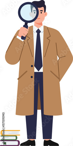 Man in brown trench coat using magnifying glass for investigation and research with books on floor