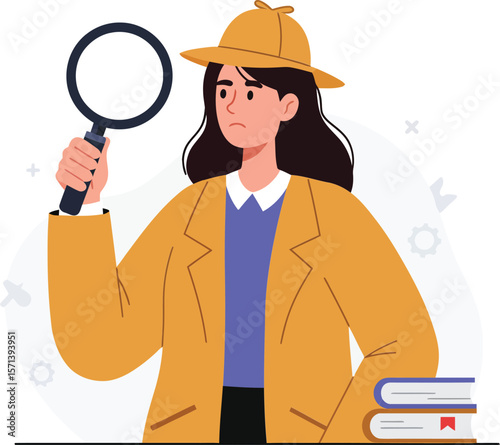 Woman detective holding magnifying glass investigating with stack of books in casual outfit vector illustration